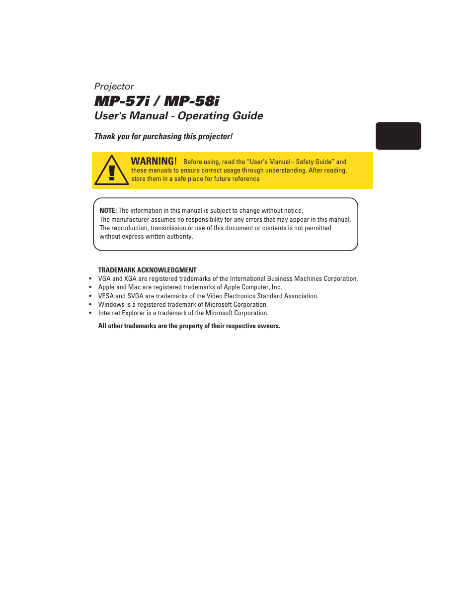 Mp-57i / mp-58i, User's manual - operating guide, Warning | BOXLIGHT MP-57i User Manual | Page 2 / 48