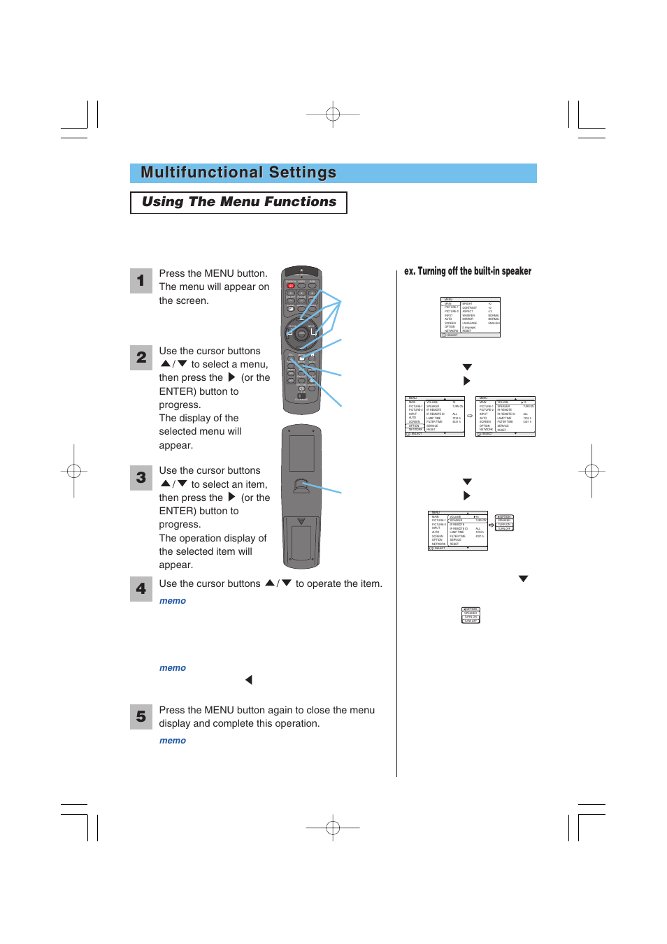 Multifunctional settings, Using the menu functions, Ex. turning off the built-in speaker | 1) press the menu button | BOXLIGHT MP-57i User Manual | Page 23 / 48