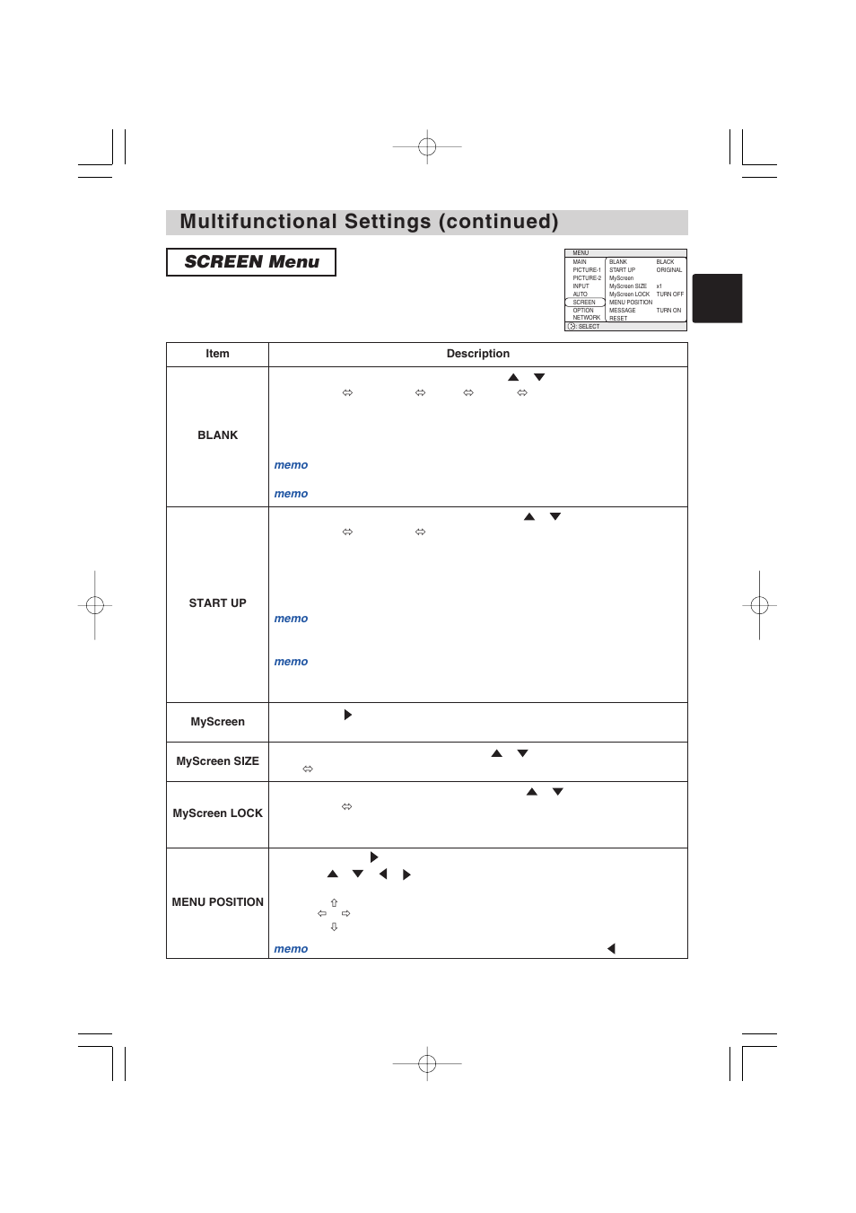 Multifunctional settings (continued), Screen menu | BOXLIGHT MP-57i User Manual | Page 32 / 48