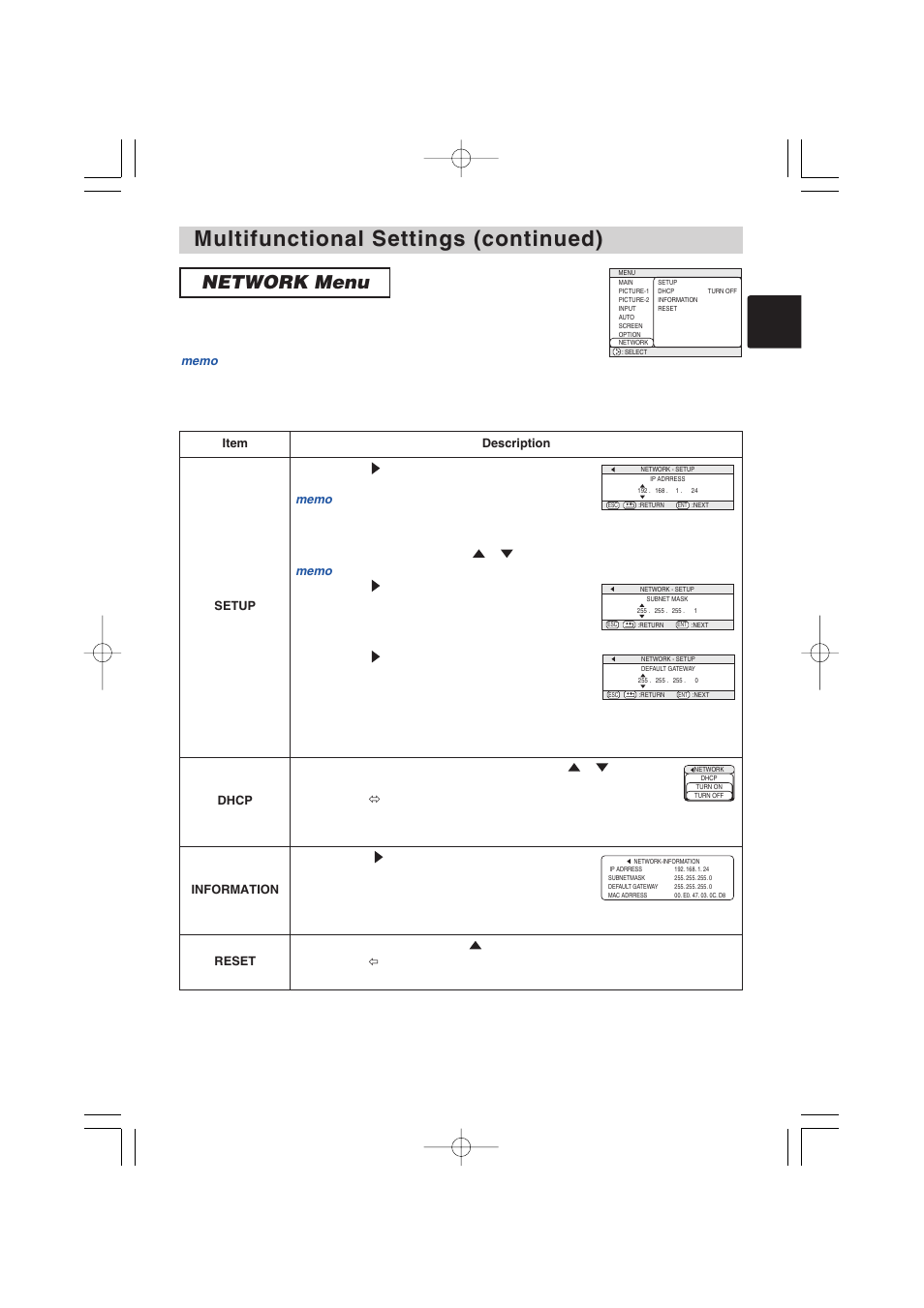 Multifunctional settings (continued), Network menu | BOXLIGHT MP-57i User Manual | Page 36 / 48