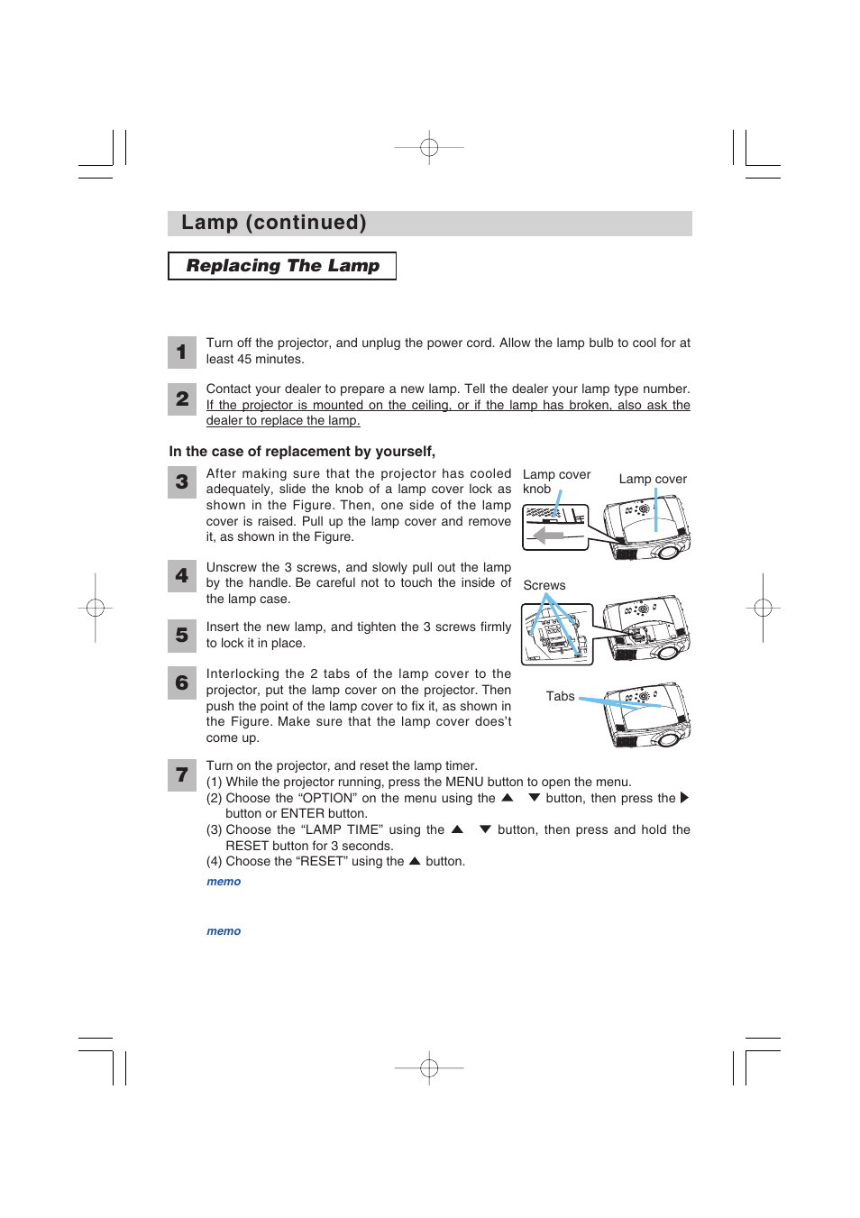 Lamp (continued), Replacing the lamp | BOXLIGHT MP-57i User Manual | Page 39 / 48