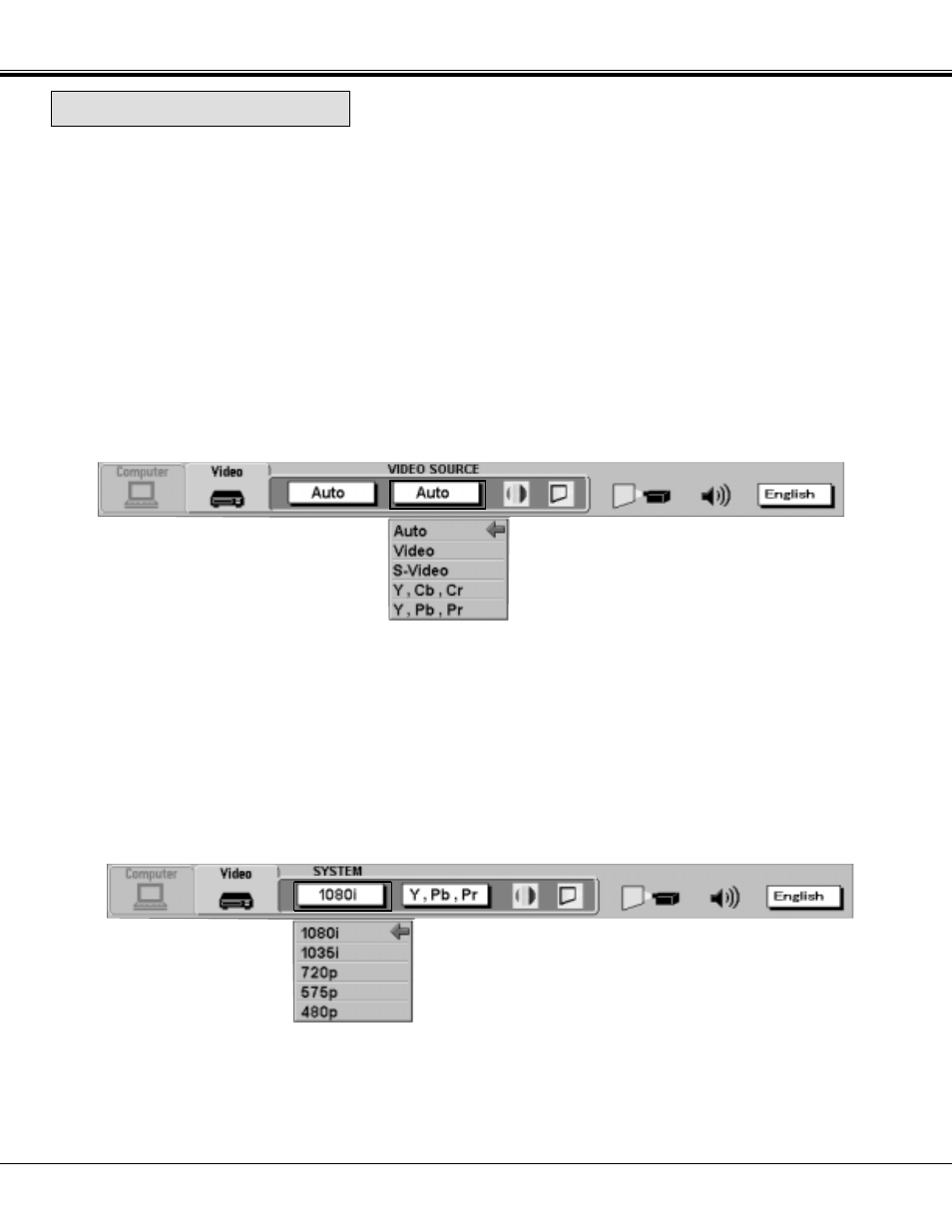 Video source select, Component video system select | BOXLIGHT MP-37t User Manual | Page 33 / 54