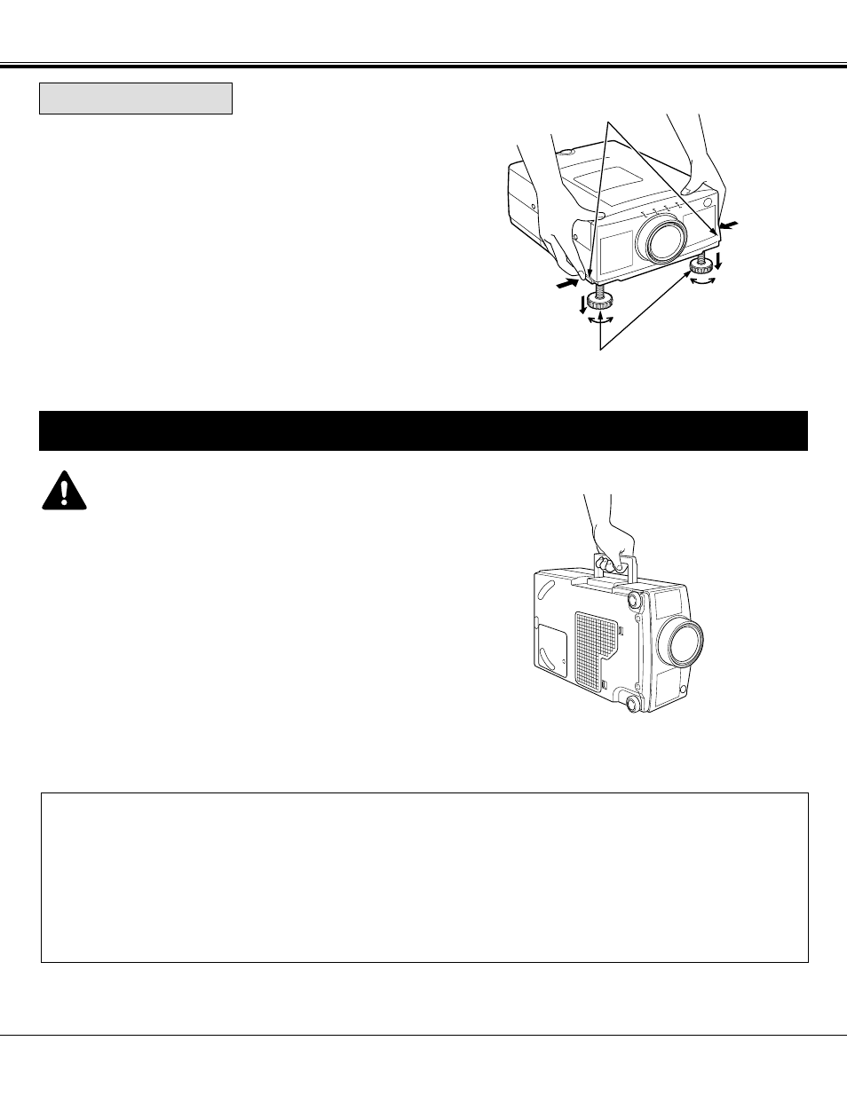 Moving the projector, Caution in carrying or transporting the projector, Adjustable feet | BOXLIGHT MP-37t User Manual | Page 8 / 54