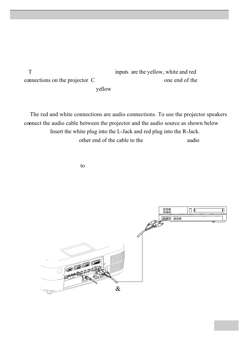 Video, & 2. video, E composite video an | D ster, Eo-audio cable to th, Eyellow video jack. con, Ect th, E oth, Eother end of the cable to the output jacks of th, Eaudio sour | BOXLIGHT MP63e User Manual | Page 31 / 58