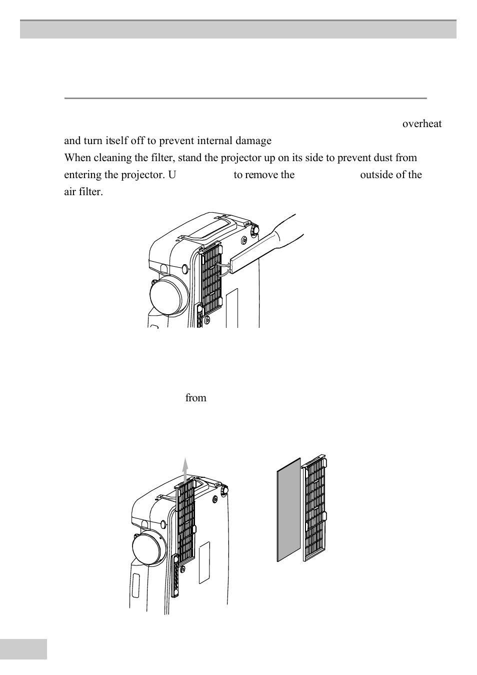 Cleaning the air filter, A. wh, En th | E air filter becomes clogged with dust, etc., th, E pr, Om th, Eoutside of the air filter. do not operate th, Ojector with th, E air filter r, Emoved. b. clean the air filter ever | BOXLIGHT MP63e User Manual | Page 52 / 58