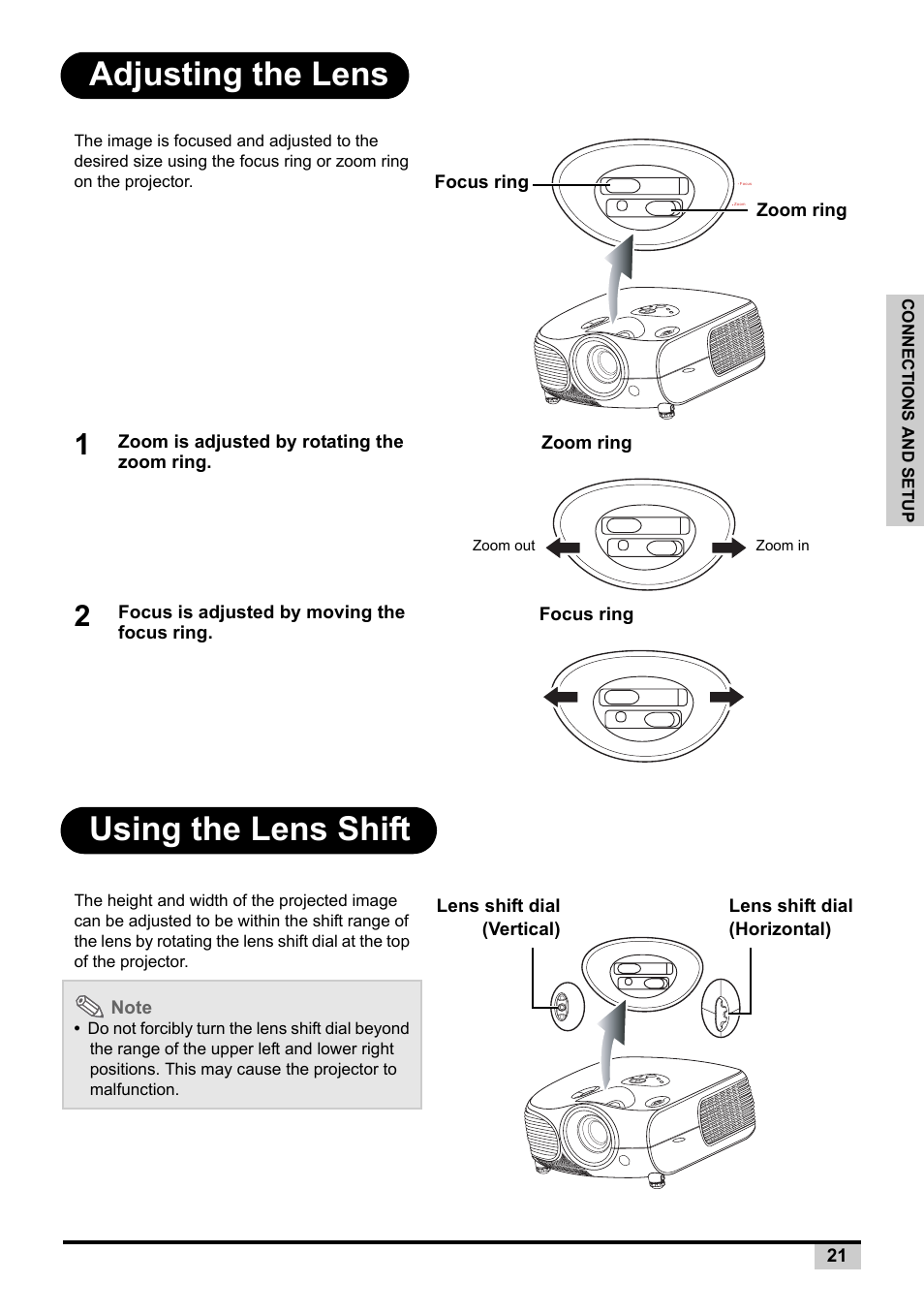 Adjusting the lens, Using the lens shift, Adjusting the lens using the lens shift | BOXLIGHT PREMIERE 30HD User Manual | Page 23 / 67