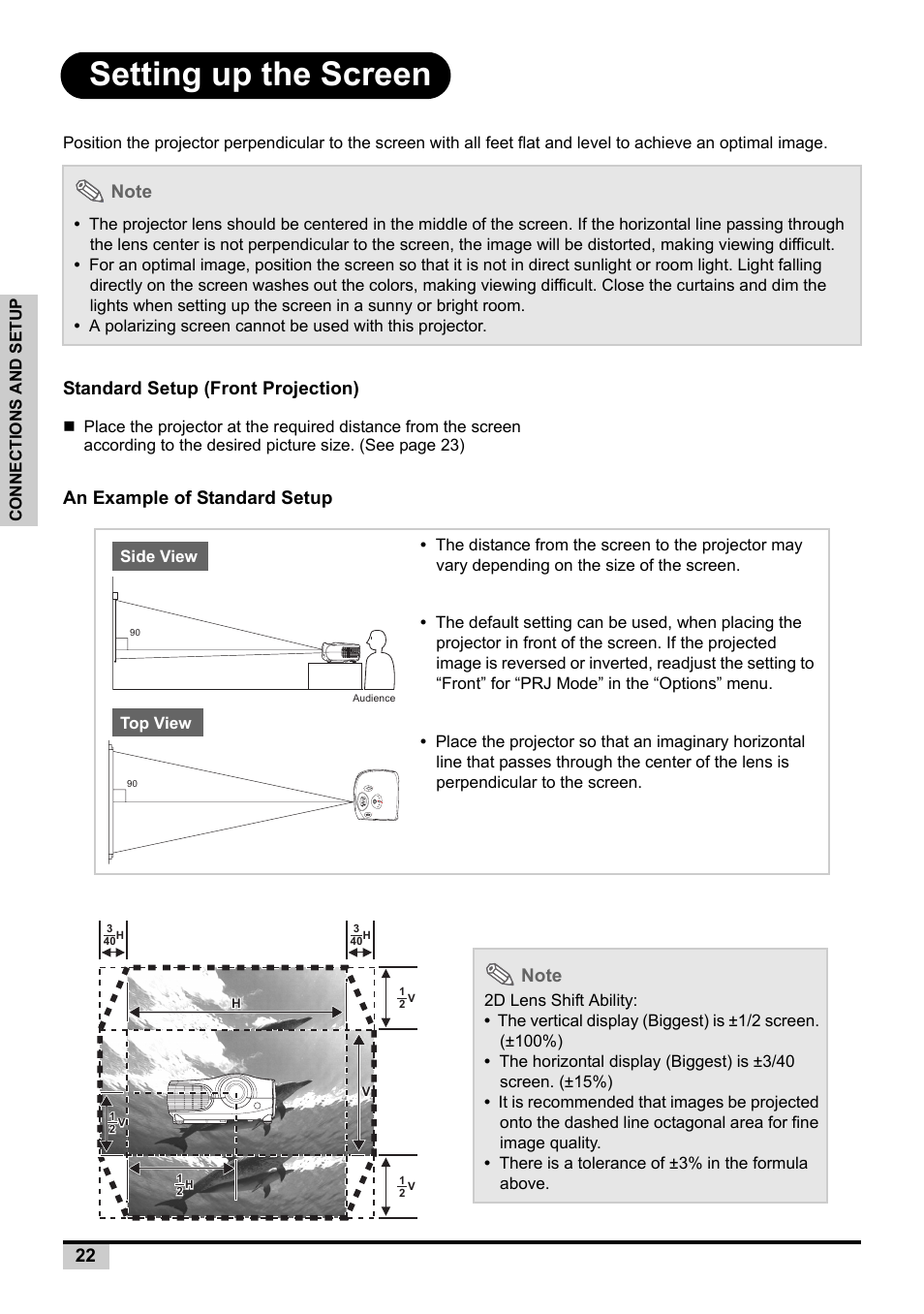 Setting up the screen, Standard setup (front projection) | BOXLIGHT PREMIERE 30HD User Manual | Page 24 / 67