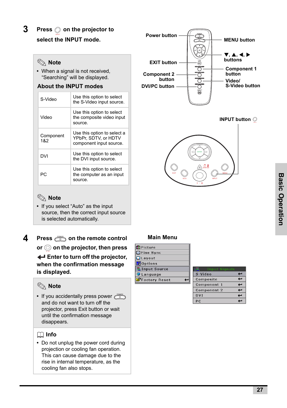 Basic operation, Info, About the input modes | Main menu | BOXLIGHT PREMIERE 30HD User Manual | Page 29 / 67