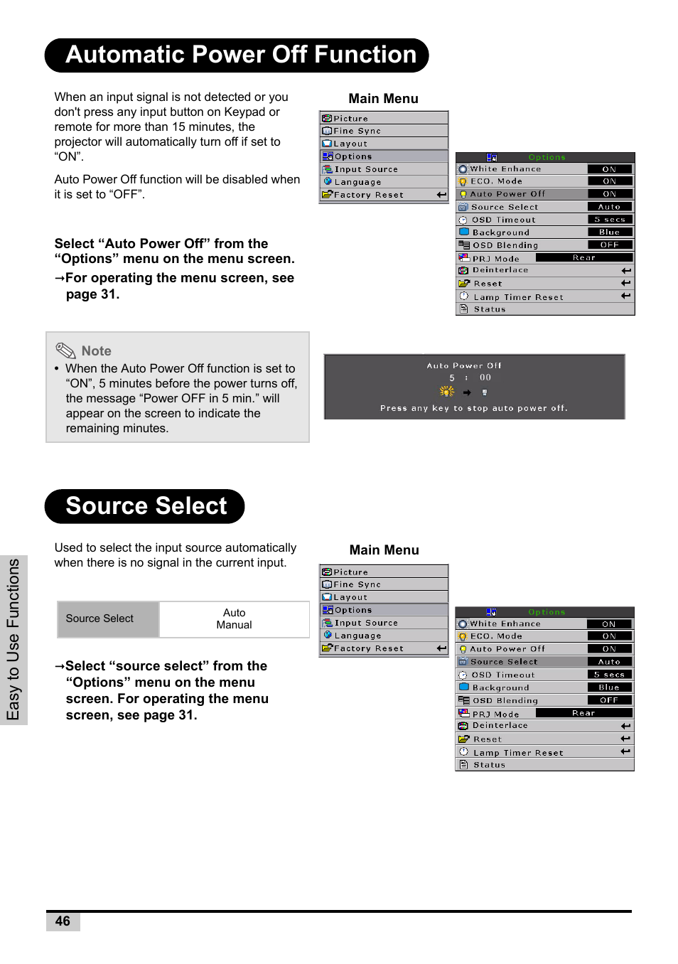 Automatic power off function, Source select, Automatic power off function source select | BOXLIGHT PREMIERE 30HD User Manual | Page 48 / 67