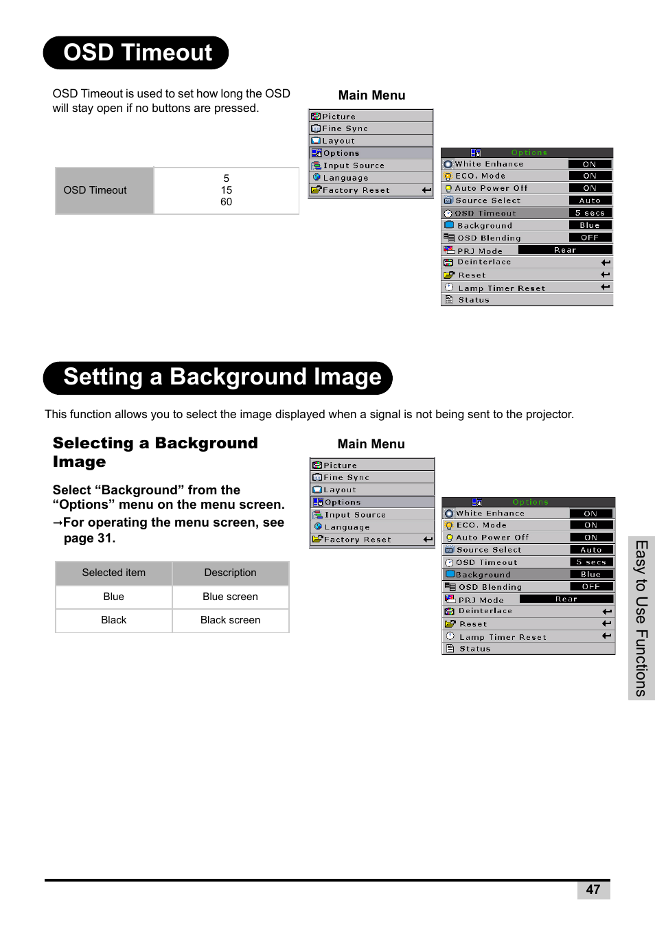 Osd timeout, Setting a background image, Selecting a background image | Osd timeout setting a background image | BOXLIGHT PREMIERE 30HD User Manual | Page 49 / 67