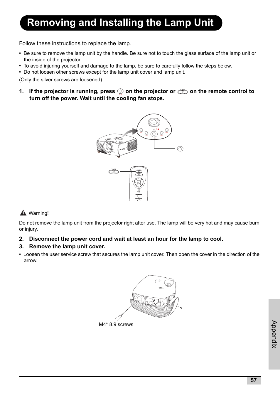 Removing and installing the lamp unit, Appendix, Follow these instructions to replace the lamp | BOXLIGHT PREMIERE 30HD User Manual | Page 59 / 67