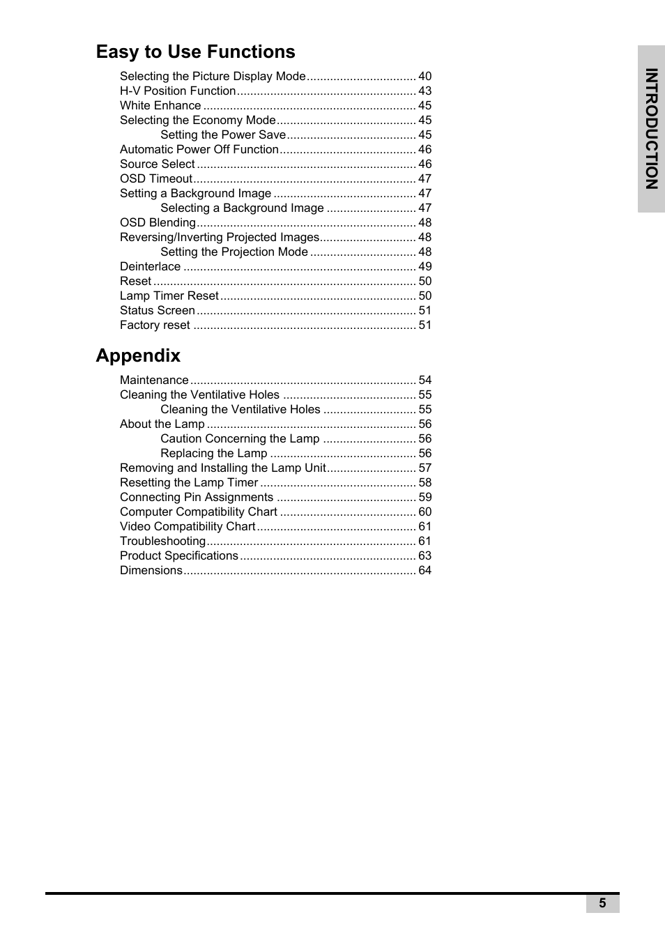 Easy to use functions, Appendix | BOXLIGHT PREMIERE 30HD User Manual | Page 7 / 67