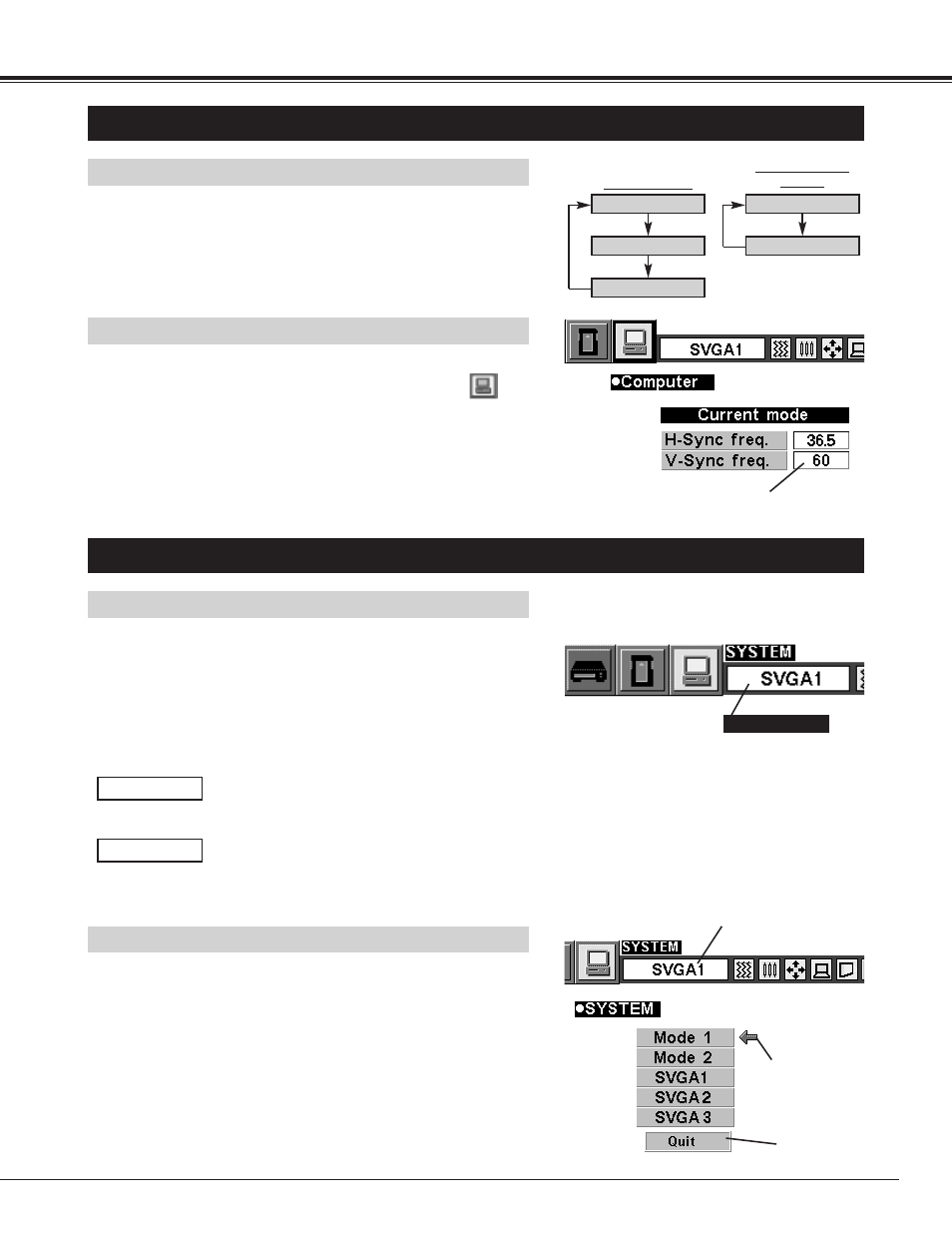 Computer mode, Selecting computer mode, Selecting computer system | Direct operation, Menu operation, Automatic multiscanning system, Select computer system manually | BOXLIGHT CP-13t User Manual | Page 23 / 48