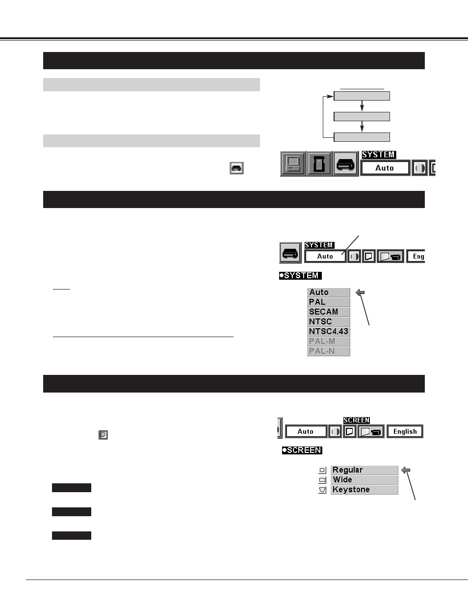 30 video mode, Selecting video mode, Selecting color system | Picture screen adjustment, Direct operation, Menu operation | BOXLIGHT CP-13t User Manual | Page 30 / 48