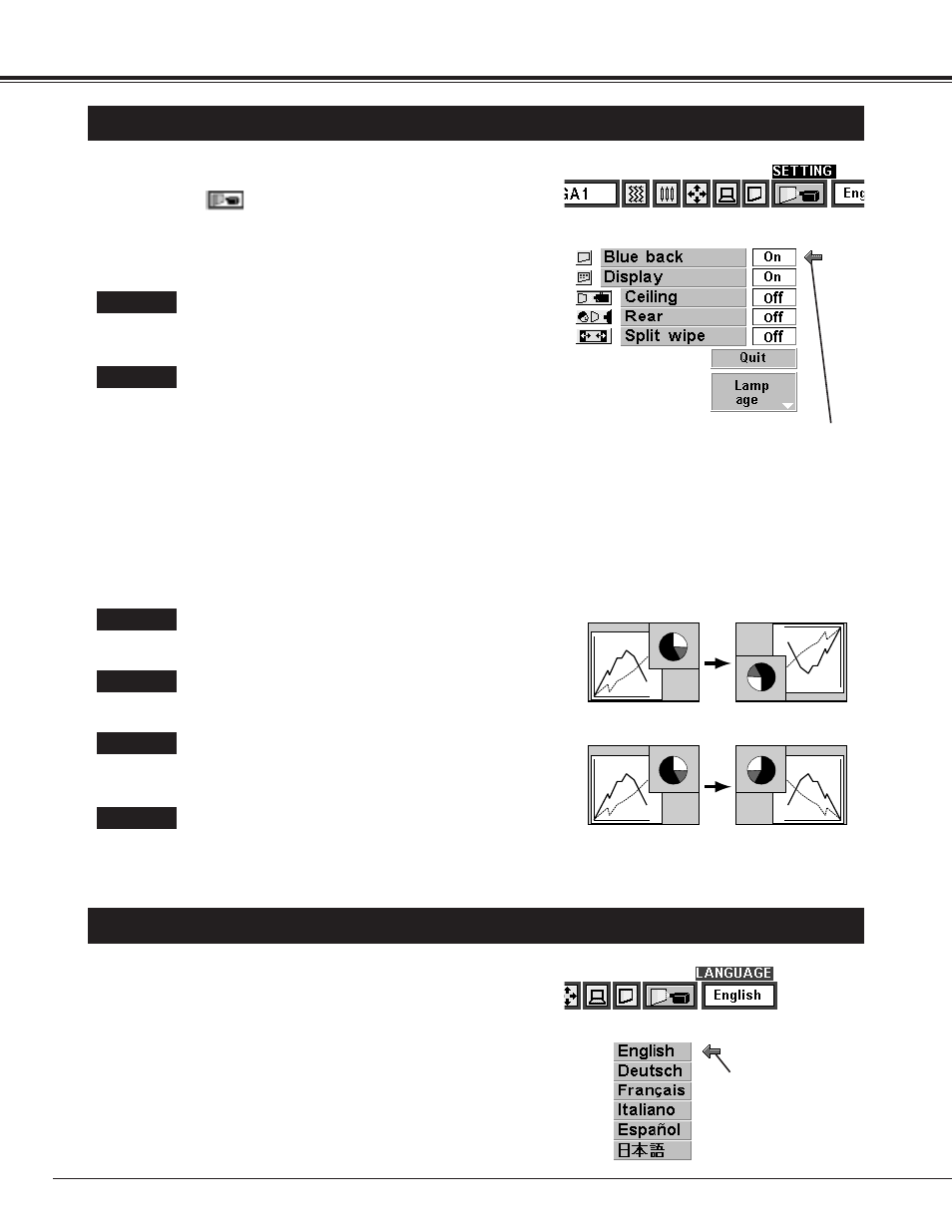 40 setting, Setting menu, Selecting language | BOXLIGHT CP-13t User Manual | Page 40 / 48