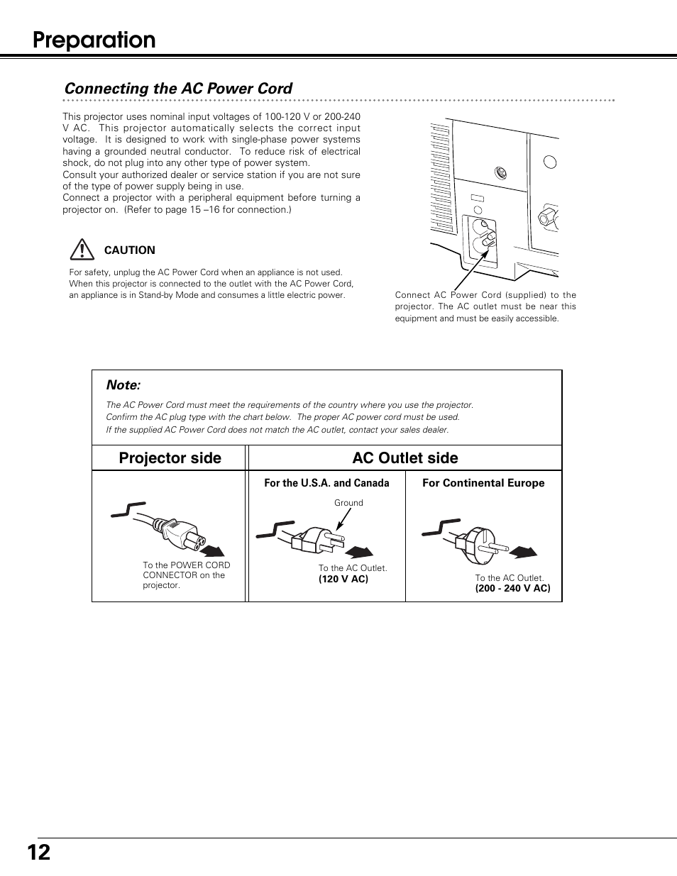 Preparation, Projector side ac outlet side, Connecting the ac power cord | BOXLIGHT SP-10t User Manual | Page 12 / 52