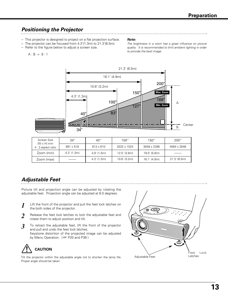 Preparation positioning the projector, Adjustable feet | BOXLIGHT SP-10t User Manual | Page 13 / 52