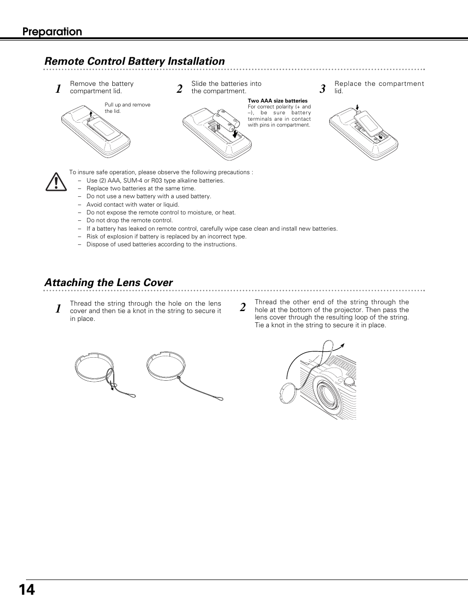 Preparation remote control battery installation, Attaching the lens cover | BOXLIGHT SP-10t User Manual | Page 14 / 52