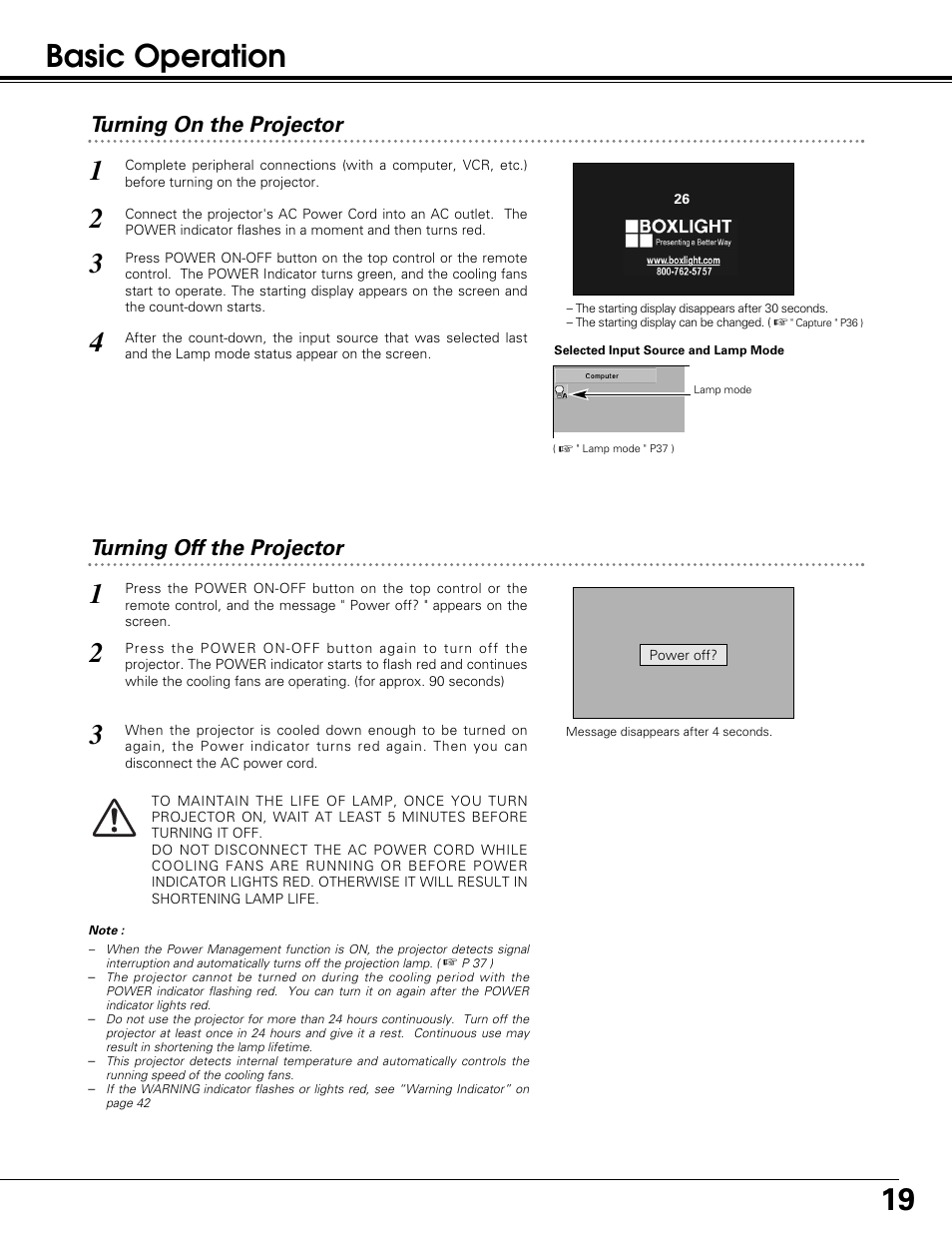 Basic operation, Turning off the projector, Turning on the projector | BOXLIGHT SP-10t User Manual | Page 19 / 52