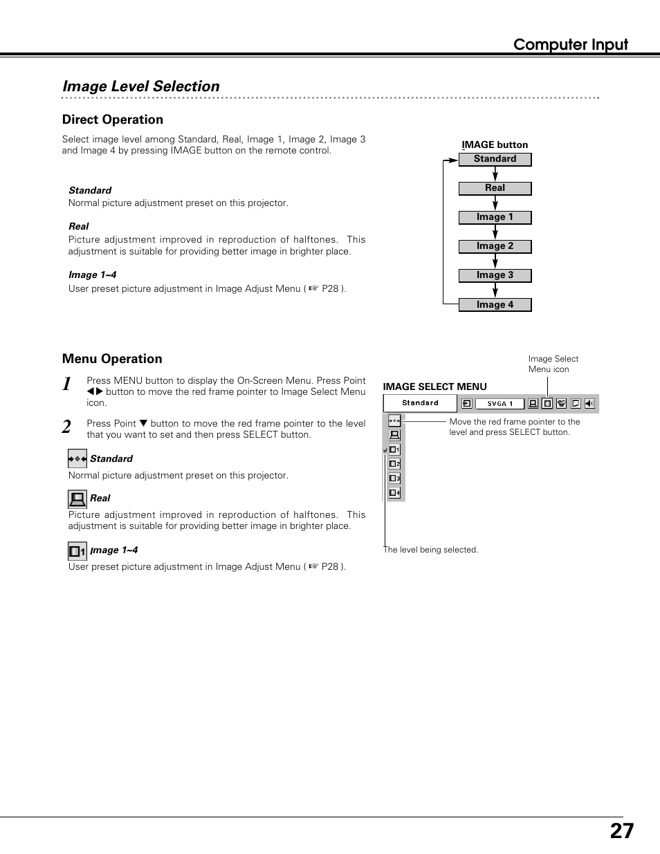 Computer input, Image level selection | BOXLIGHT SP-10t User Manual | Page 27 / 52