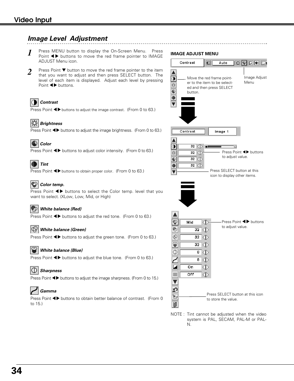Video input, Image level adjustment | BOXLIGHT SP-10t User Manual | Page 34 / 52