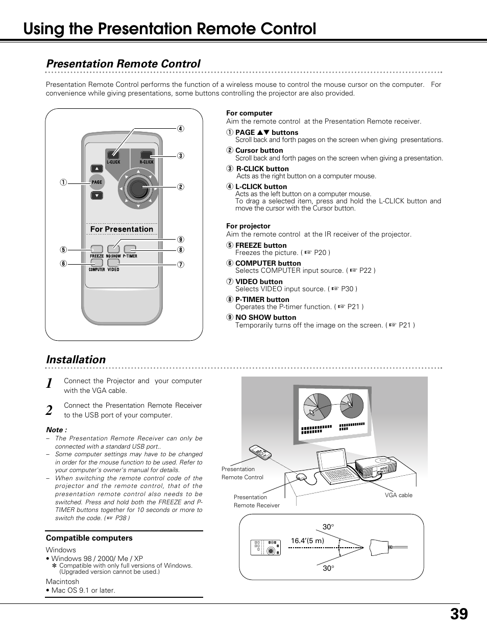 Using the presentation remote control, Installation, Presentation remote control | BOXLIGHT SP-10t User Manual | Page 39 / 52