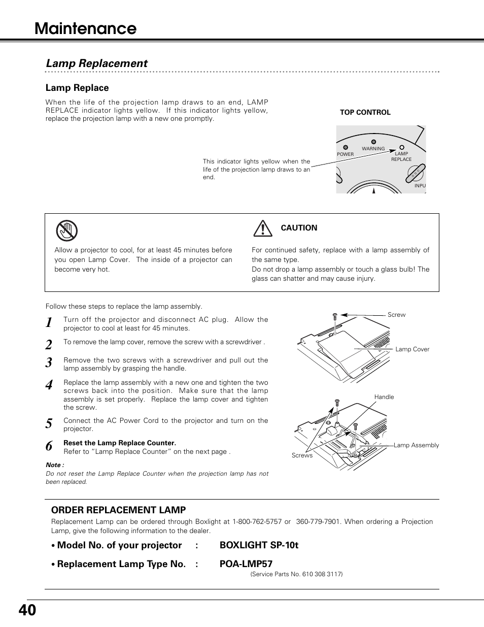 Maintenance, Lamp replacement | BOXLIGHT SP-10t User Manual | Page 40 / 52