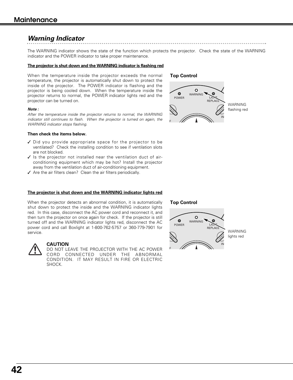 Maintenance warning indicator | BOXLIGHT SP-10t User Manual | Page 42 / 52