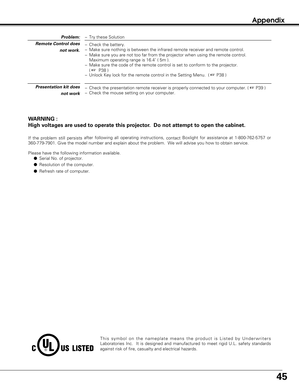 Appendix | BOXLIGHT SP-10t User Manual | Page 45 / 52