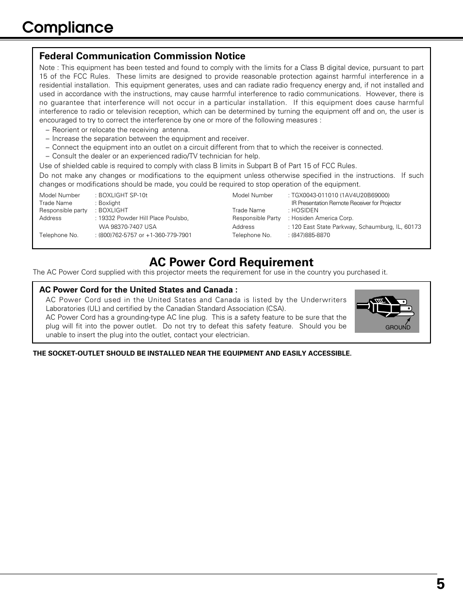 5compliance, Ac power cord requirement, Federal communication commission notice | BOXLIGHT SP-10t User Manual | Page 5 / 52