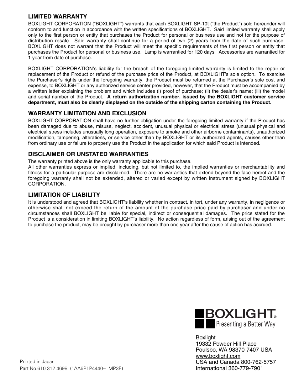 BOXLIGHT SP-10t User Manual | Page 52 / 52