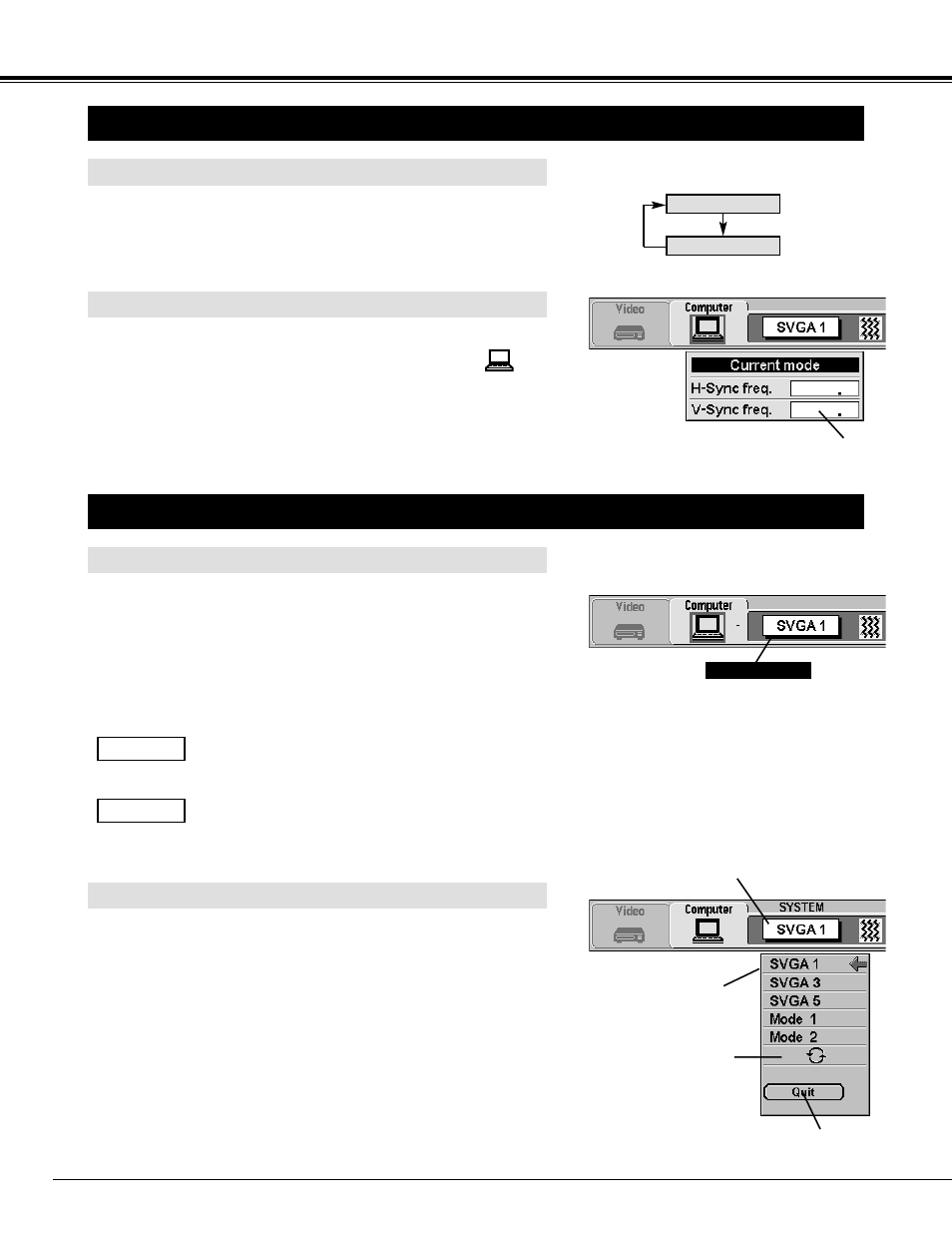 Computer mode, Selecting computer mode, Selecting computer system | Direct operation, Menu operation, Automatic multiscanning system, Selecting computer system manually | BOXLIGHT CP-14t User Manual | Page 24 / 40