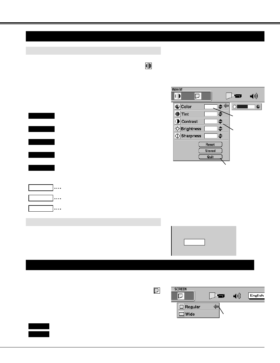Picture image adjustment, Picture screen adjustment, Video mode | Adjusting the picture image, Normal function | BOXLIGHT CP-14t User Manual | Page 31 / 40