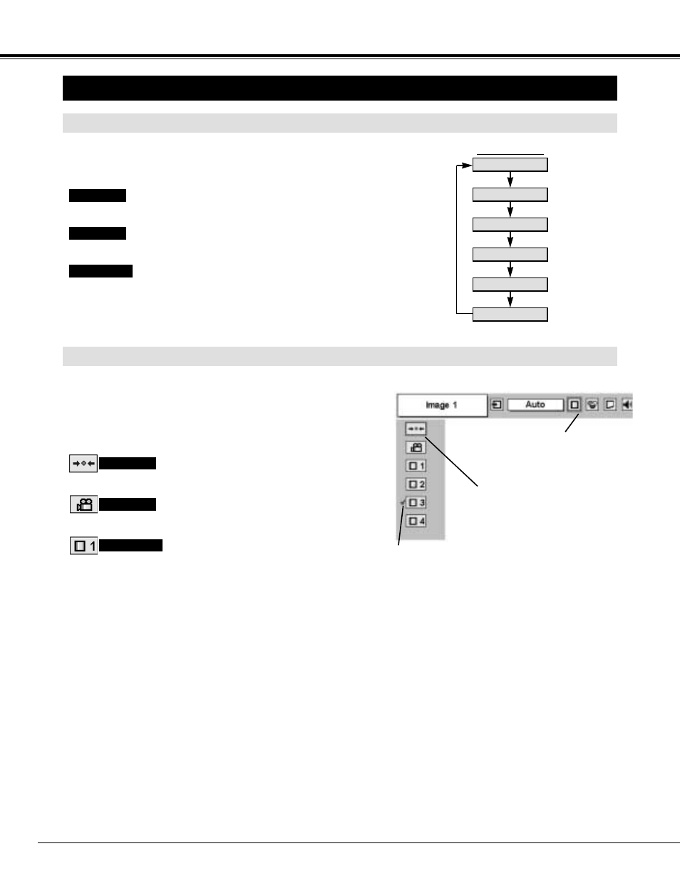 Picture image adjustment, Video input, Image level select (menu) | Image level select (direct) | BOXLIGHT XP-8t User Manual | Page 32 / 44