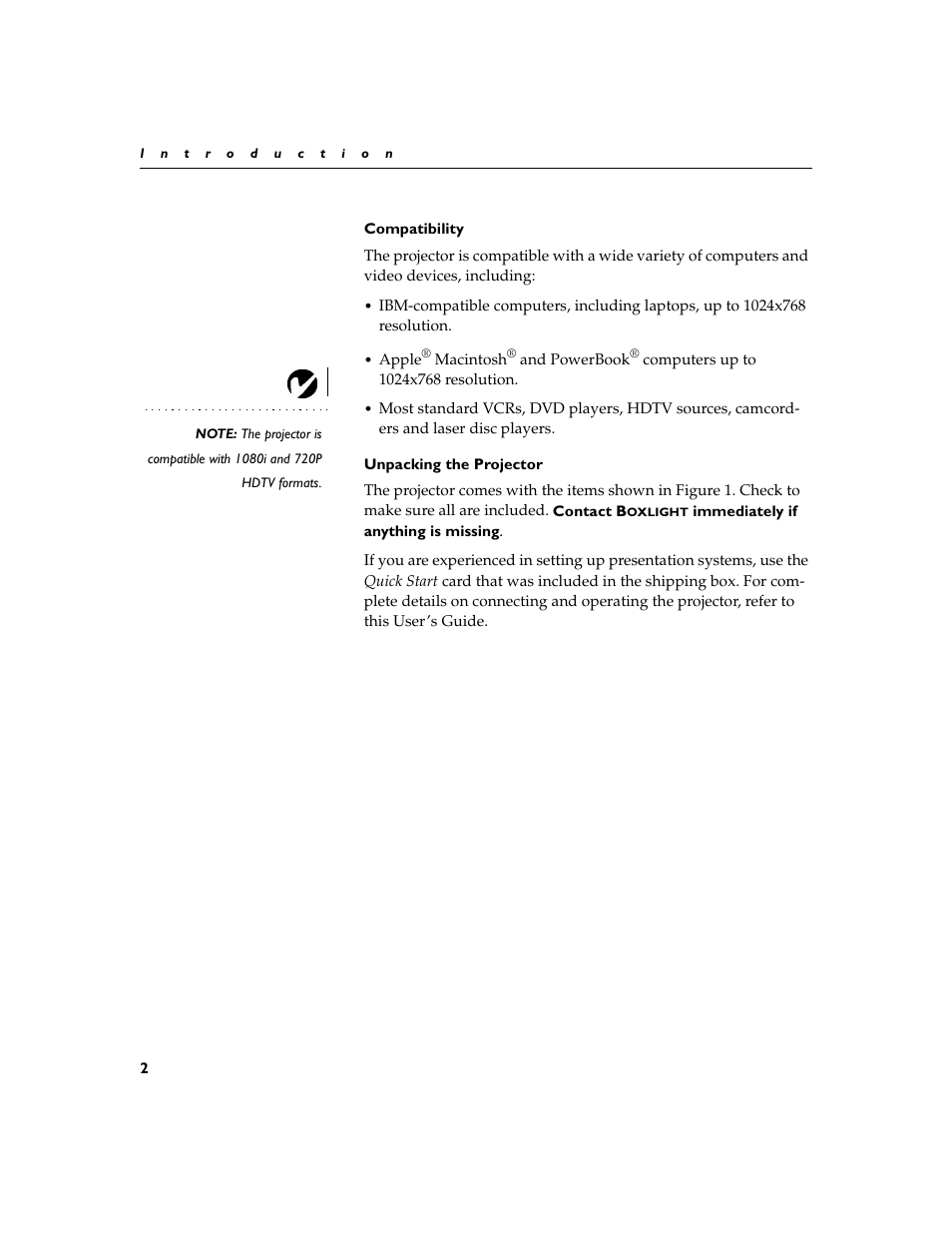 Heading2 - compatibility, Heading2 - unpacking the projector, Compatibility 2 unpacking the projector | BOXLIGHT CD-455m User Manual | Page 10 / 64