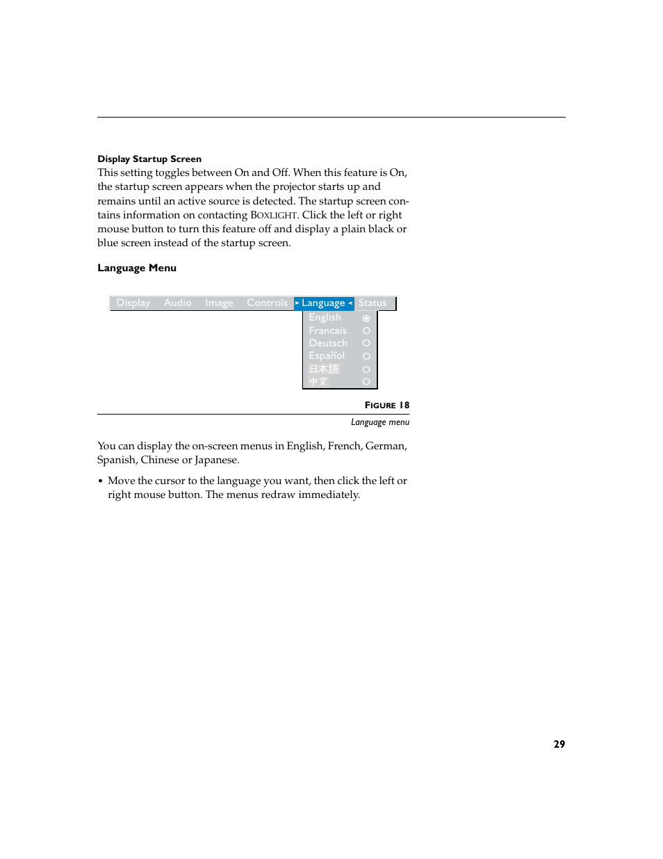 Heading2 - language menu, Language menu | BOXLIGHT CD-455m User Manual | Page 37 / 64
