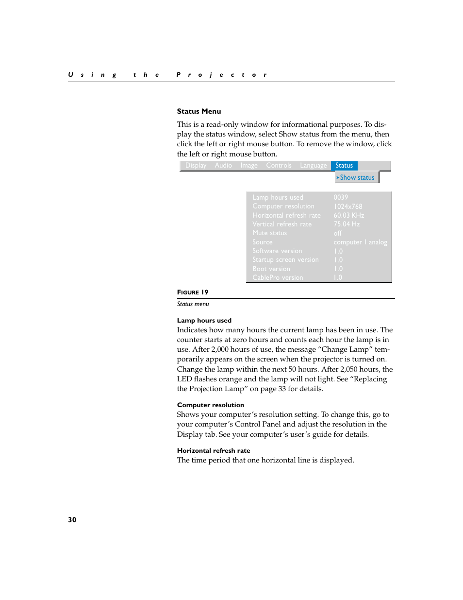 Heading2 - status menu, Status menu | BOXLIGHT CD-455m User Manual | Page 38 / 64