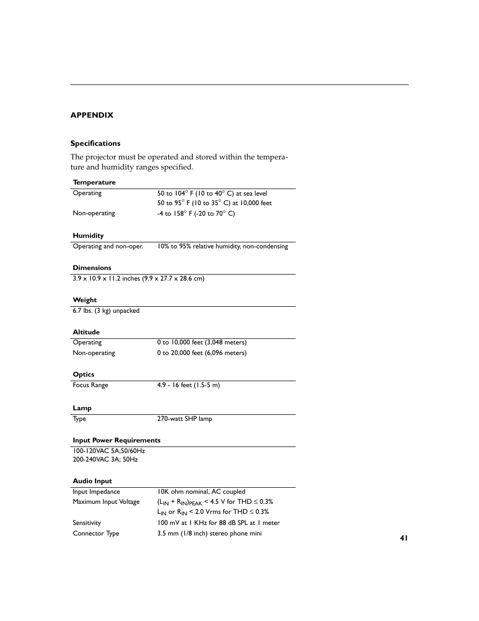 Heading1 - appendix, Heading2 - specifications, Appendix 41 specifications 41 | BOXLIGHT CD-455m User Manual | Page 49 / 64