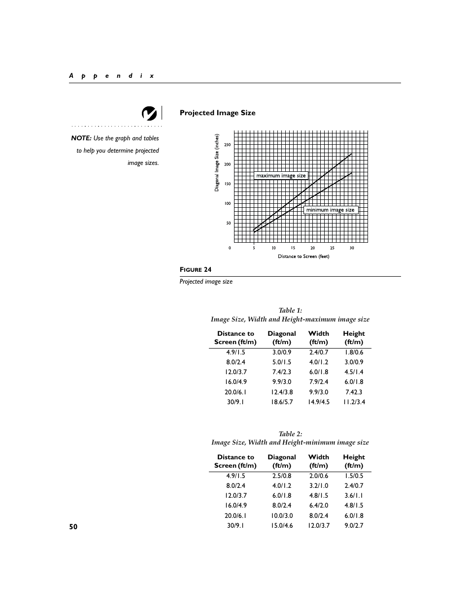 Heading2 - projected image size, Projected image size | BOXLIGHT CD-455m User Manual | Page 58 / 64