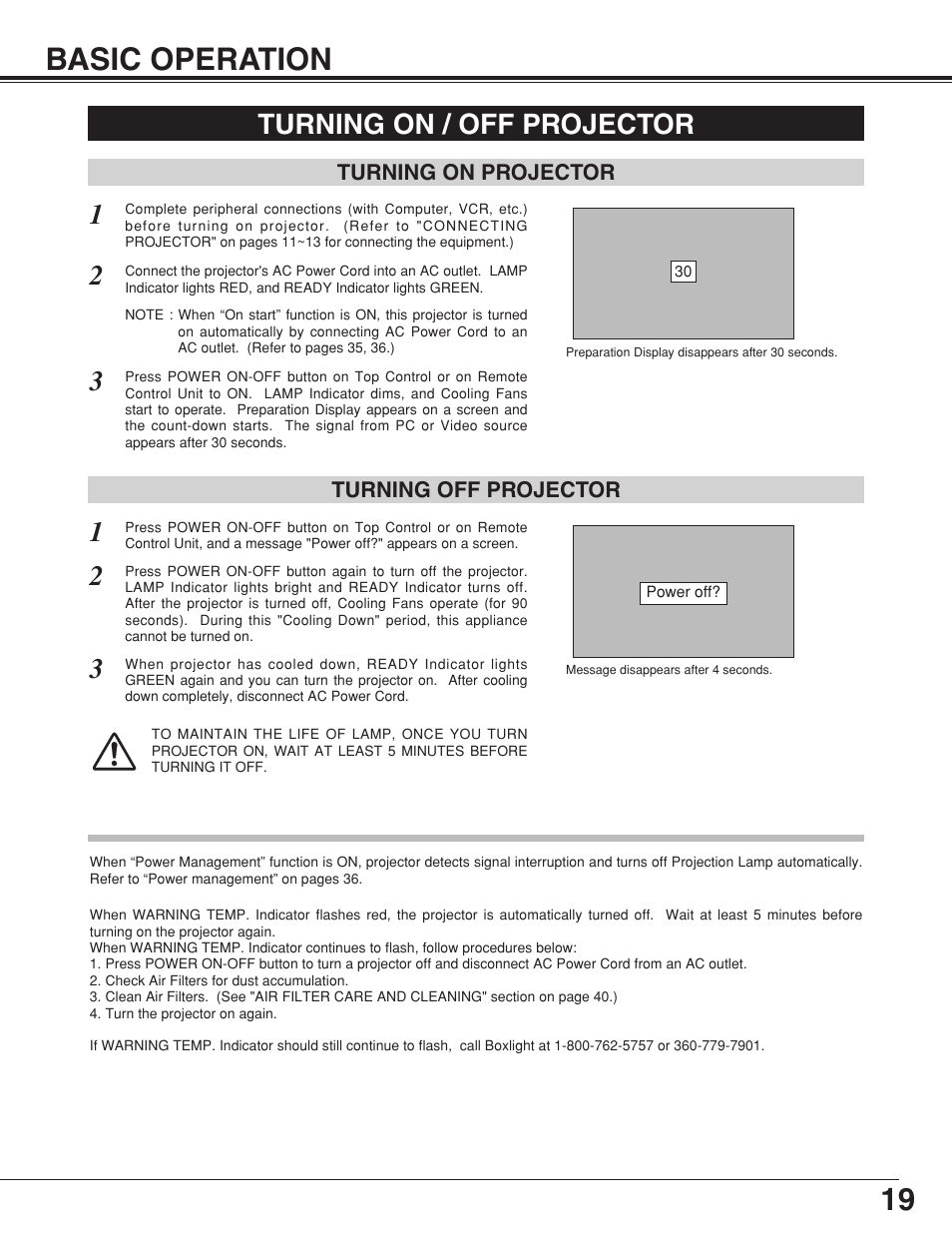 19 basic operation, Turning on / off projector | BOXLIGHT CP-315t User Manual | Page 19 / 48