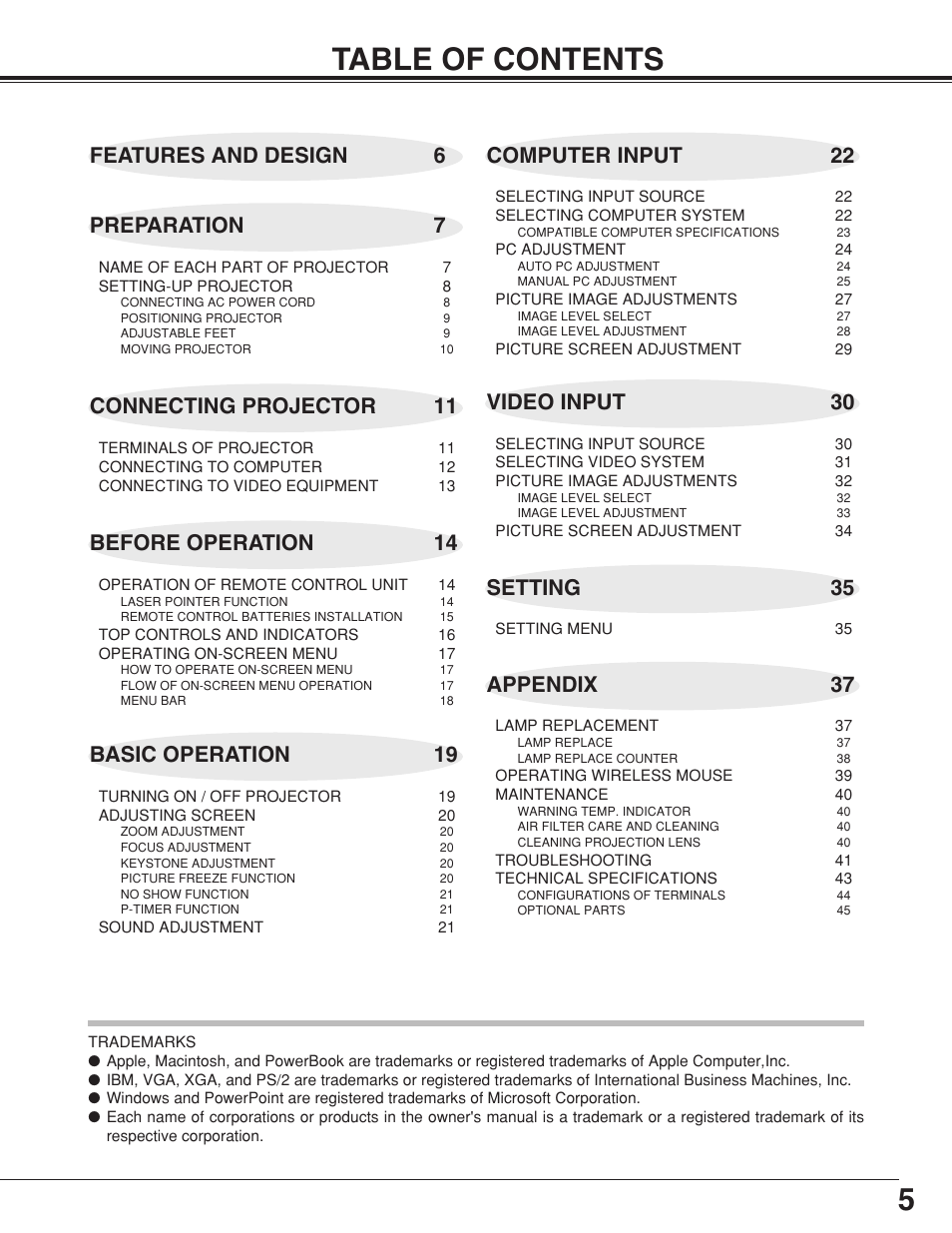 5table of contents, Connecting projector 11, Basic operation 19 | BOXLIGHT CP-315t User Manual | Page 5 / 48