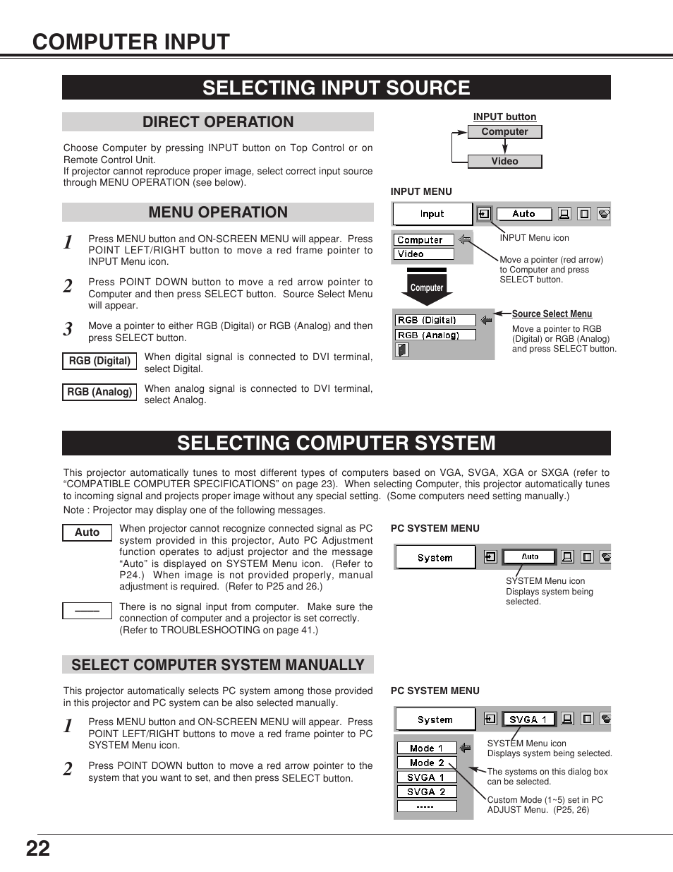 22 computer input, Selecting input source, Selecting computer system | Menu operation direct operation, Select computer system manually | BOXLIGHT CP-306t User Manual | Page 22 / 48