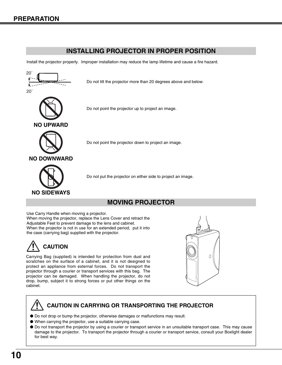 Preparation, Moving projector, Installing projector in proper position | BOXLIGHT CP-12tA User Manual | Page 10 / 48