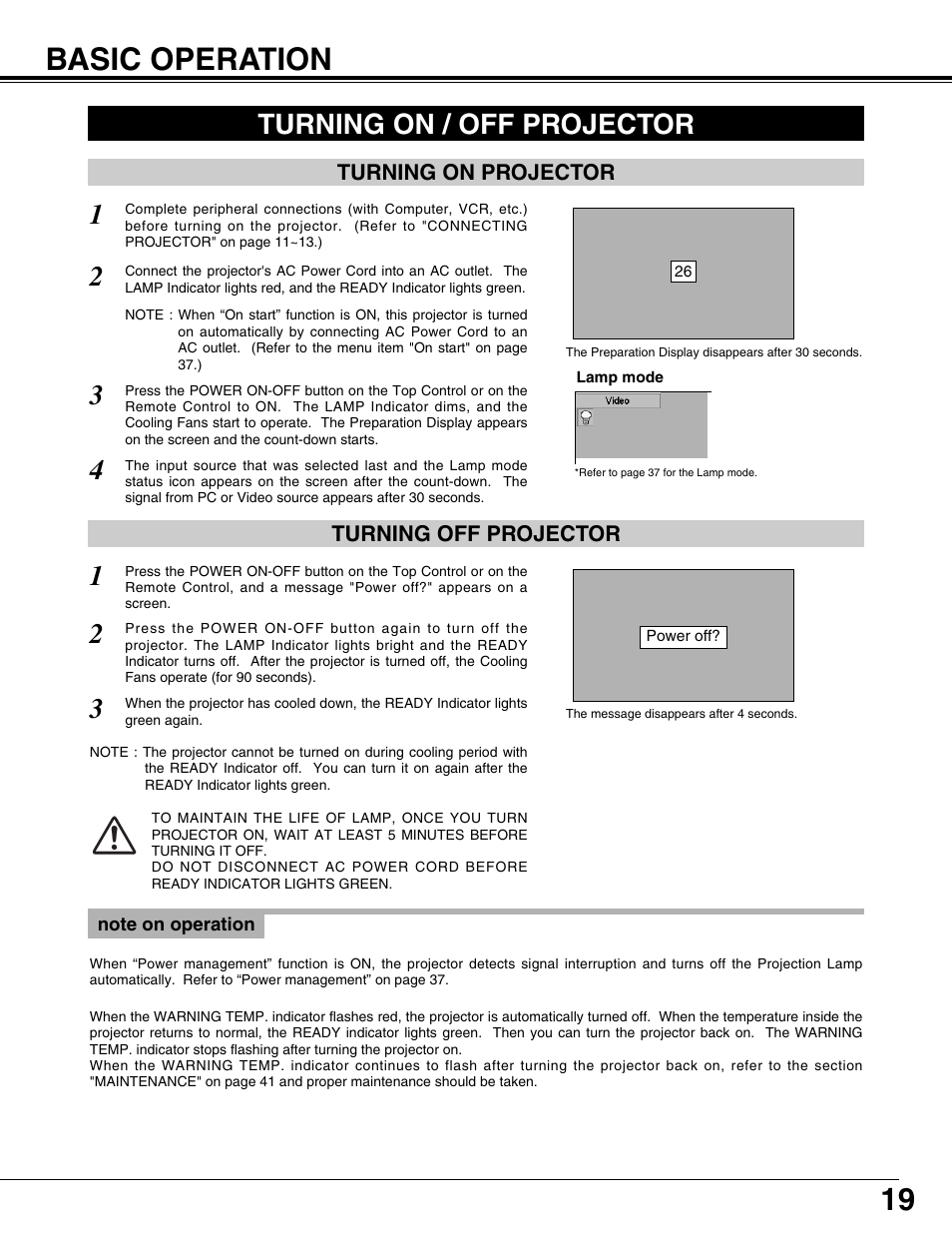 19 basic operation, Turning on / off projector | BOXLIGHT CP-12tA User Manual | Page 19 / 48