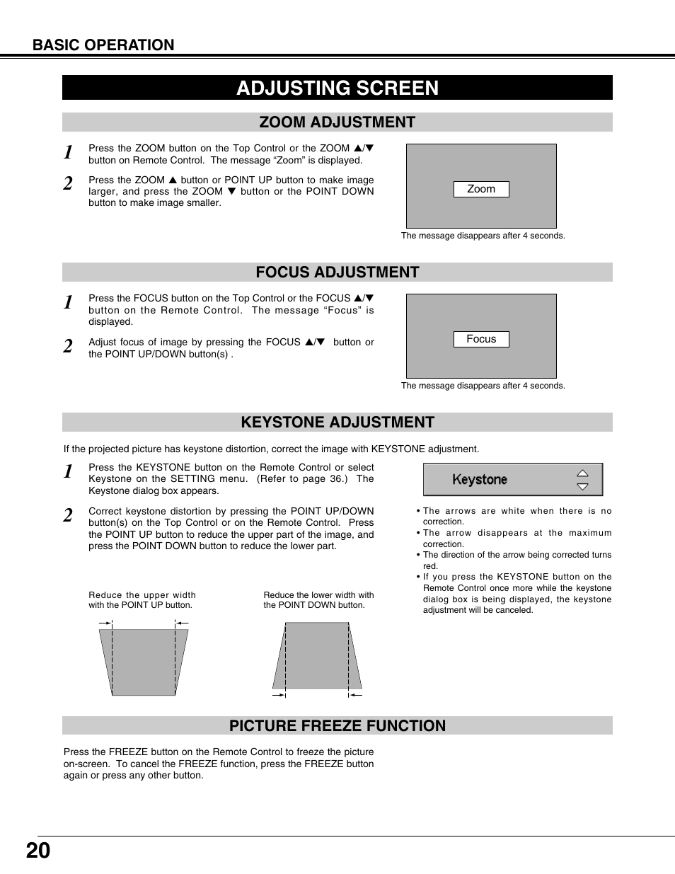 Adjusting screen, Picture freeze function keystone adjustment, Basic operation | Zoom adjustment focus adjustment | BOXLIGHT CP-12tA User Manual | Page 20 / 48