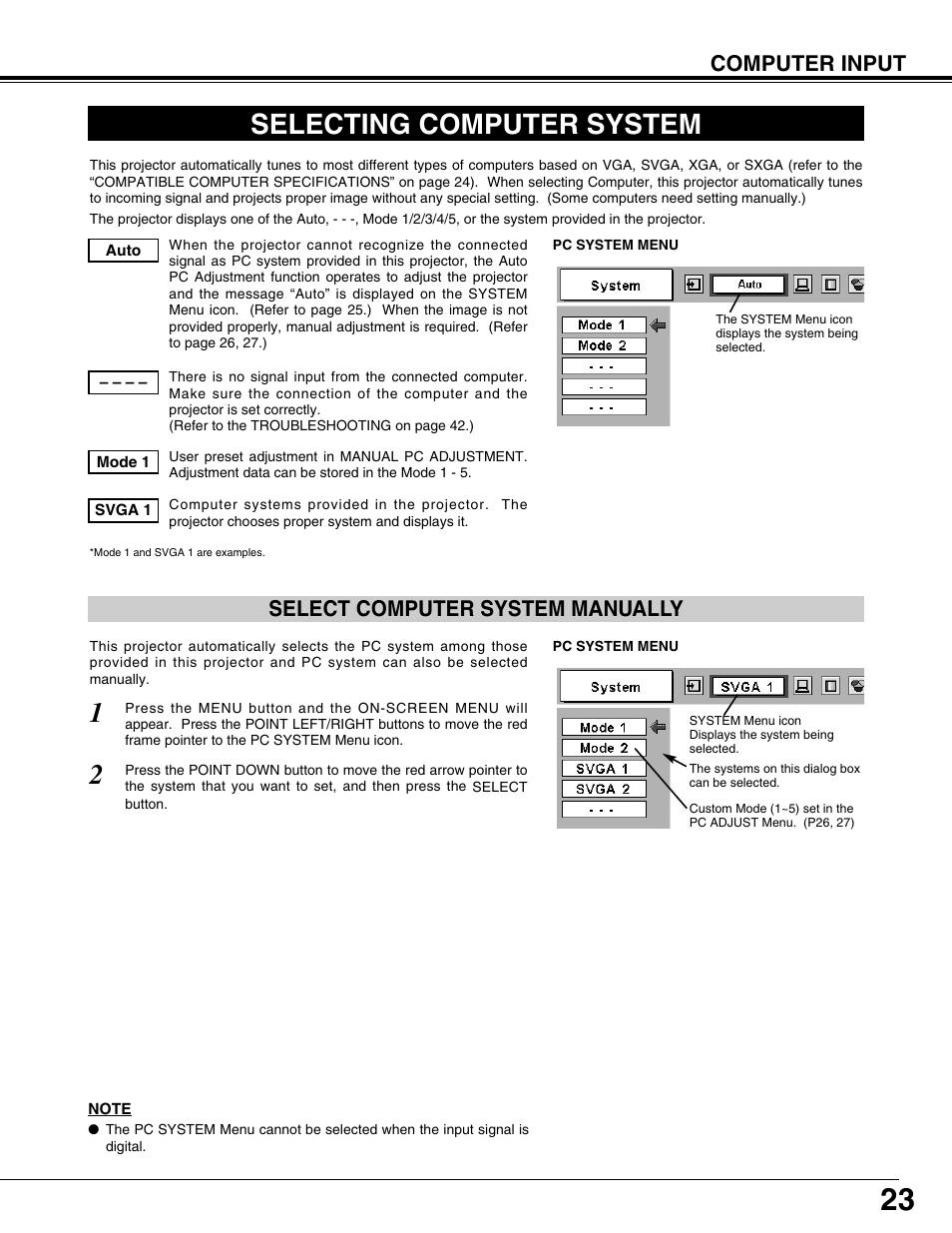 Selecting computer system, Computer input, Select computer system manually | BOXLIGHT CP-12tA User Manual | Page 23 / 48