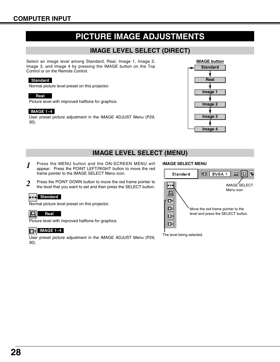 Picture image adjustments, Computer input, Image level select (menu) | Image level select (direct) | BOXLIGHT CP-12tA User Manual | Page 28 / 48