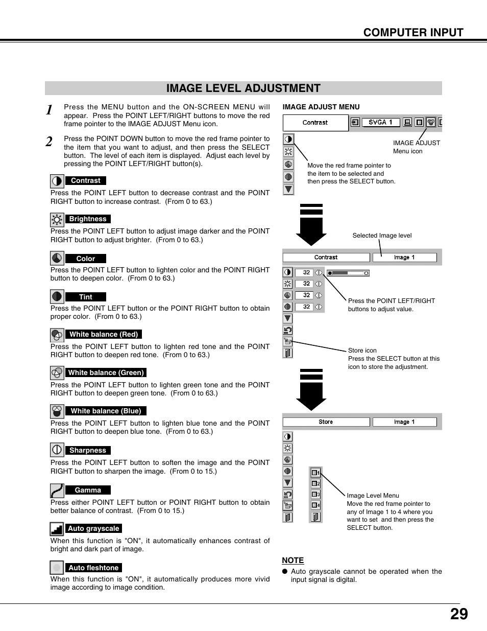 Computer input, Image level adjustment | BOXLIGHT CP-12tA User Manual | Page 29 / 48