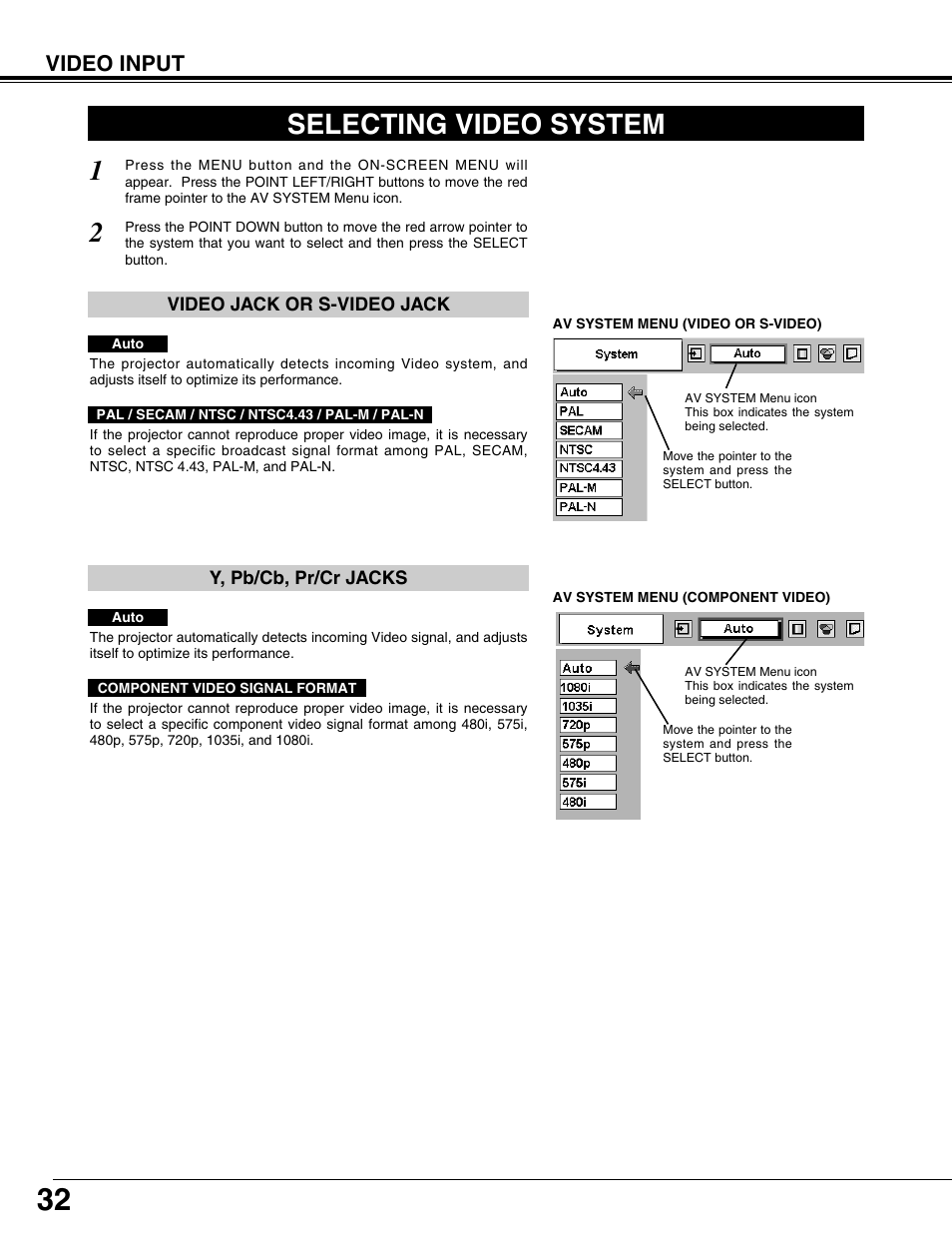 Selecting video system, Video input | BOXLIGHT CP-12tA User Manual | Page 32 / 48
