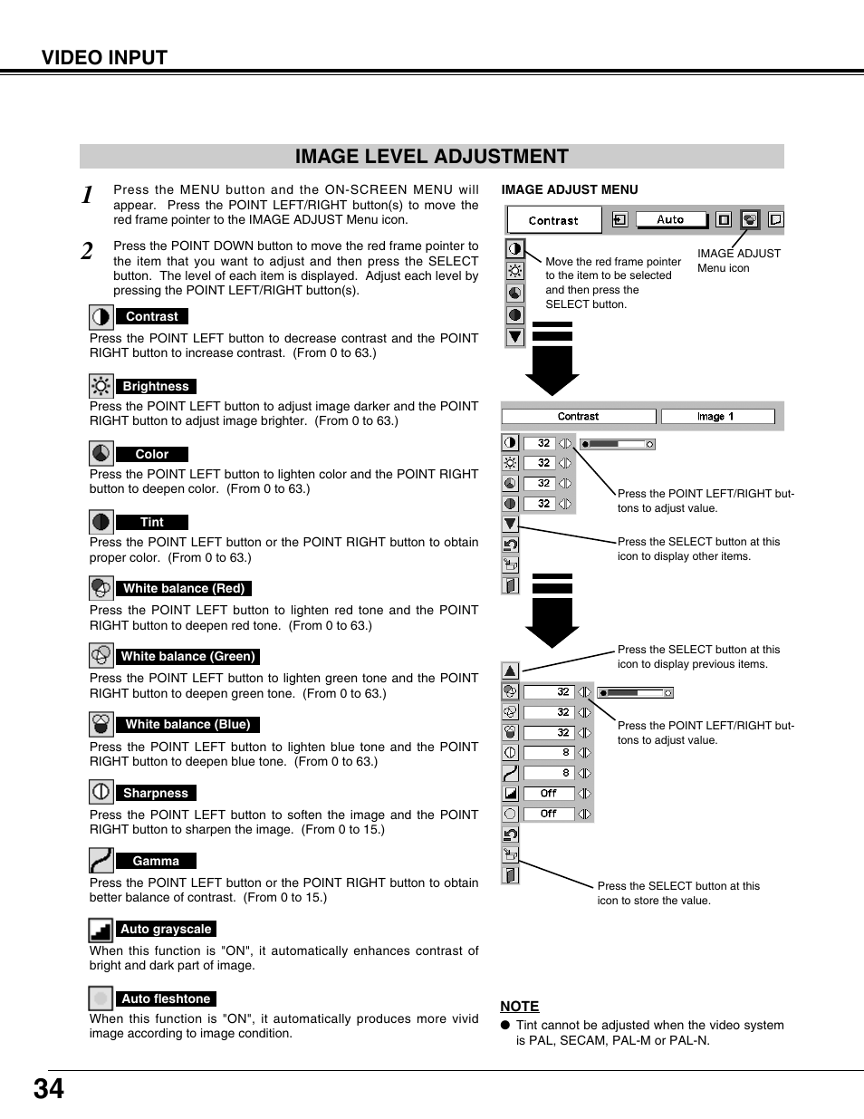 Video input, Image level adjustment | BOXLIGHT CP-12tA User Manual | Page 34 / 48